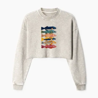 Tokyo-Tiger Colorful Fish Art Collection Washed Crop Sweatshirt