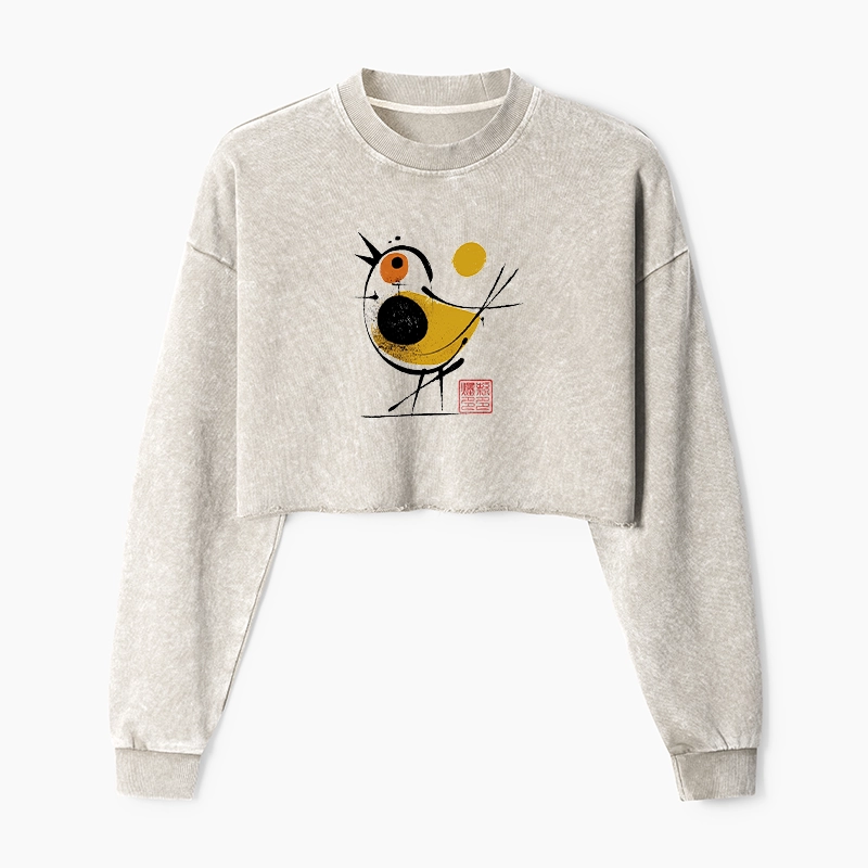 Tokyo-Tiger Aesthetic Yellow And Black Bird Washed Crop Sweatshirt