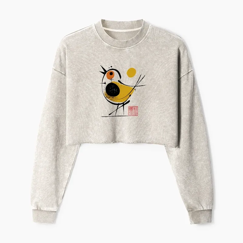 Tokyo-Tiger Aesthetic Yellow And Black Bird Washed Crop Sweatshirt