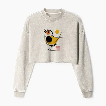 Tokyo-Tiger Aesthetic Yellow And Black Bird Washed Crop Sweatshirt