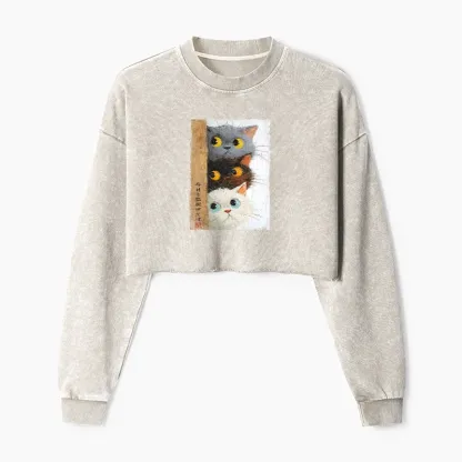 Tokyo-Tiger Three Cute Cats Watch You Washed Crop Sweatshirt