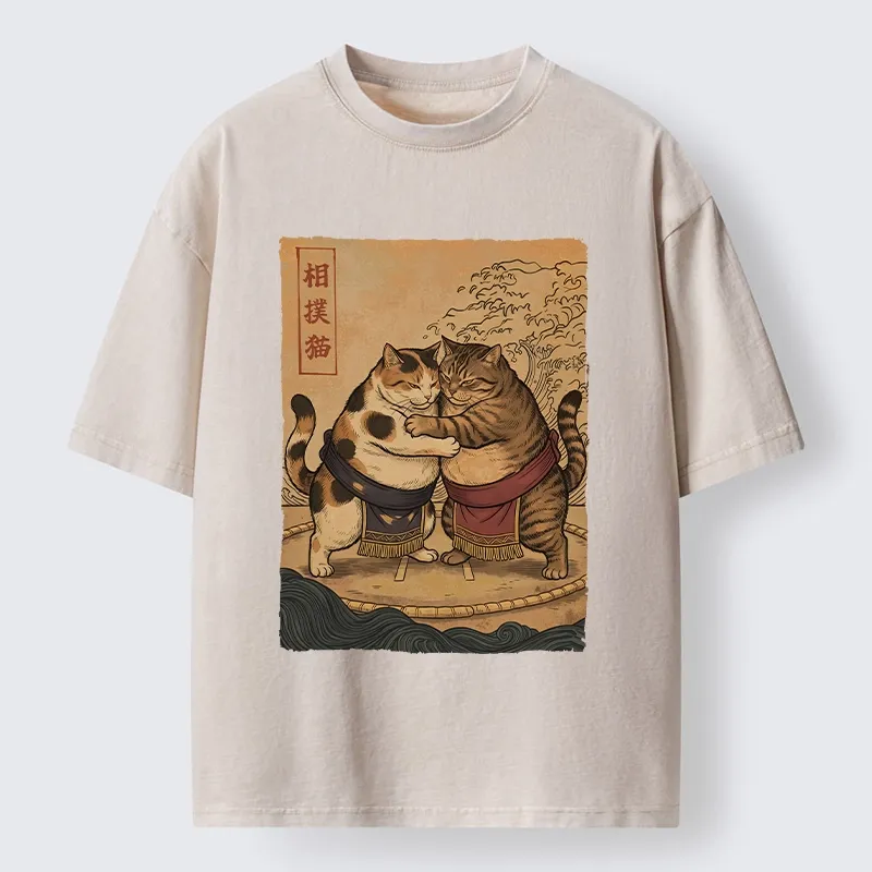 Tokyo-Tiger Sumo Cats Ready To Fight Washed T-Shirt Sale