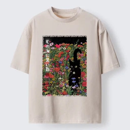 Tokyo-Tiger Black Cat Hiding In Flower Sea Washed T-Shirt