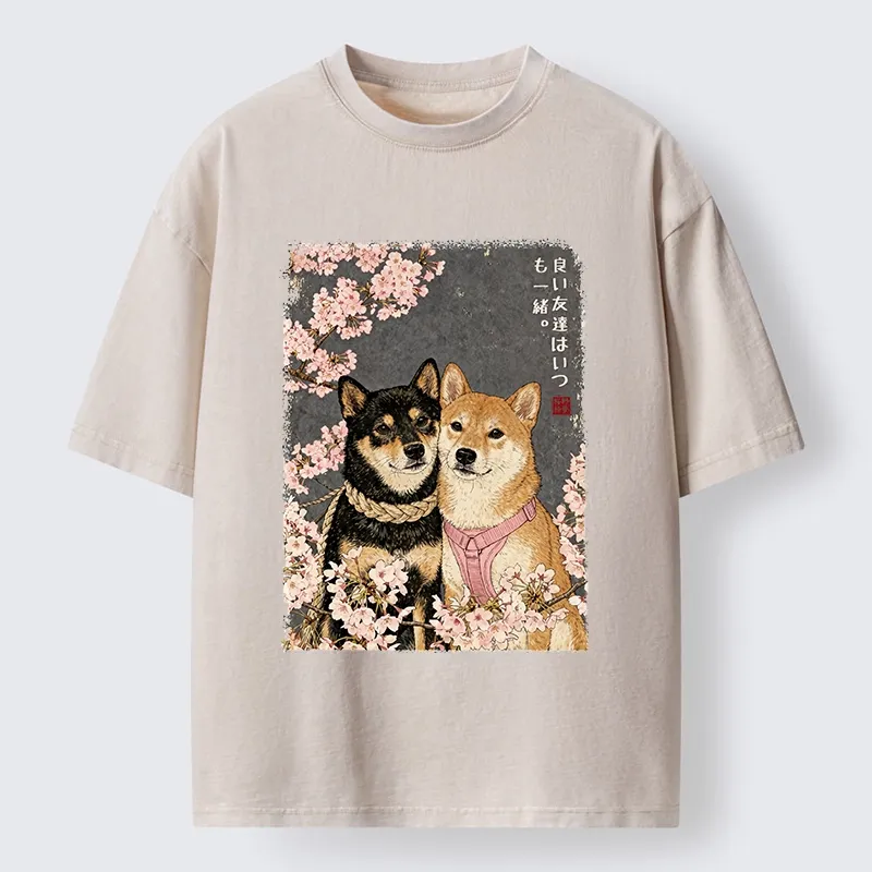 Tokyo-Tiger Two Shibas And Sakura Flowers Washed T-Shirt Sale