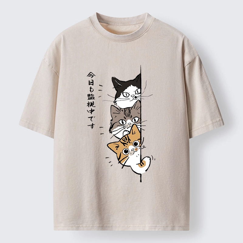 Tokyo-Tiger Funny Cat Surveillance Squad Washed T-Shirt