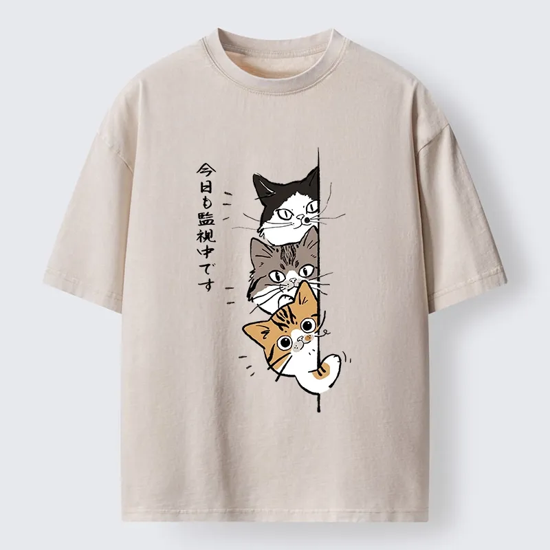 Tokyo-Tiger Funny Cat Surveillance Squad Washed T-Shirt Sale