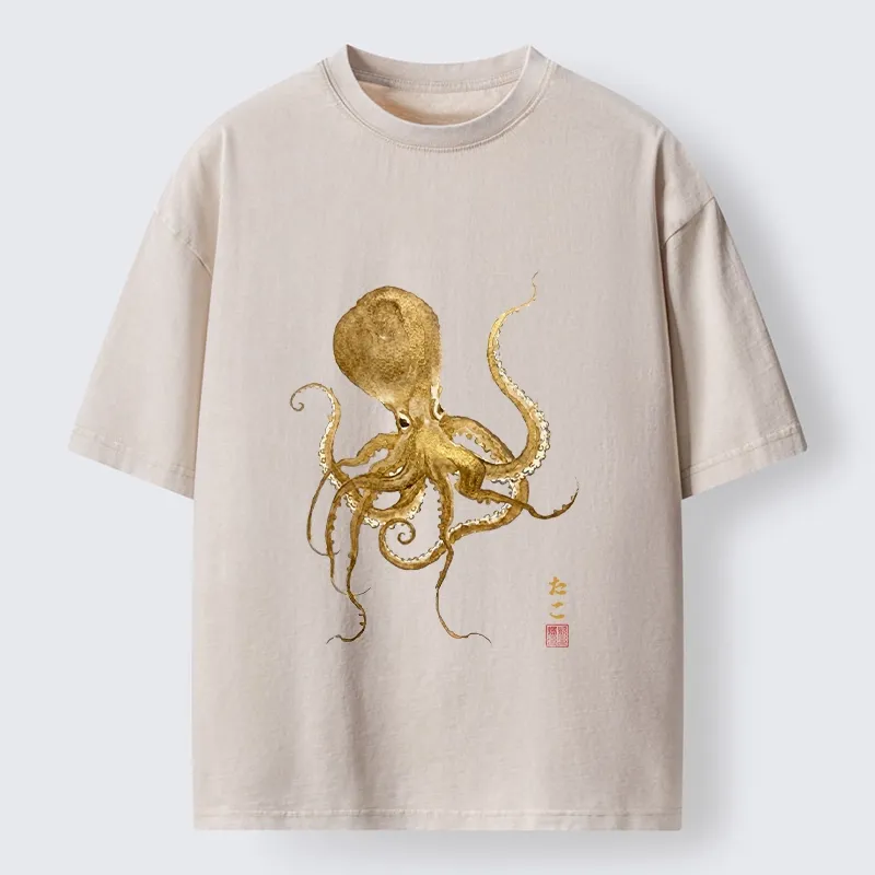 Tokyo-Tiger Japanese Style Octopus Painting Washed T-Shirt