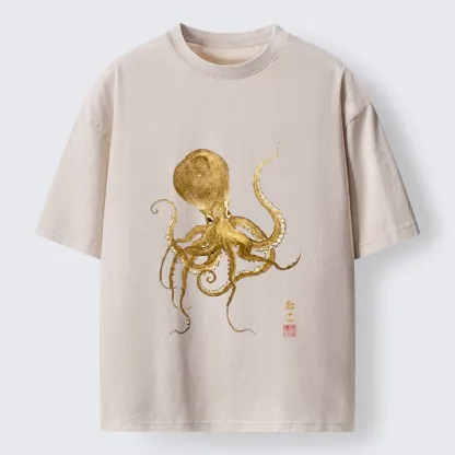 Tokyo-Tiger Japanese Style Octopus Painting Washed T-Shirt