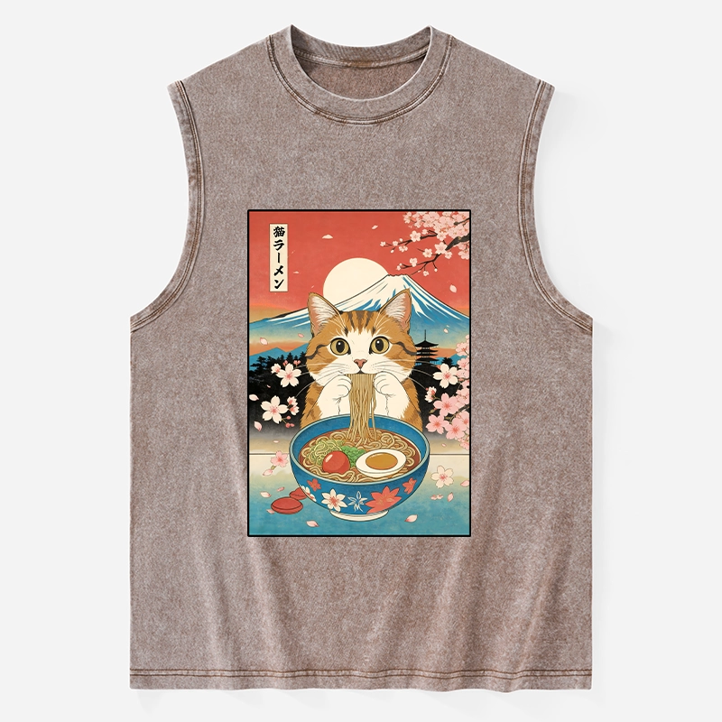 Tokyo-Tiger Funny Orange Cat Eating Ramen Japan Washed Tank