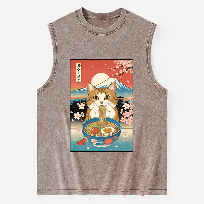 Tokyo-Tiger Funny Orange Cat Eating Ramen Japan Washed Tank