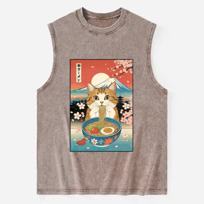 Tokyo-Tiger Funny Orange Cat Eating Ramen Japan Washed Tank