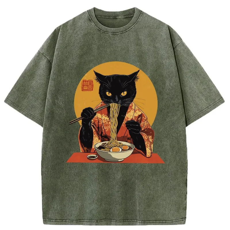 Tokyo-Tiger Ramen-obsessed Cat Washed T-Shirt