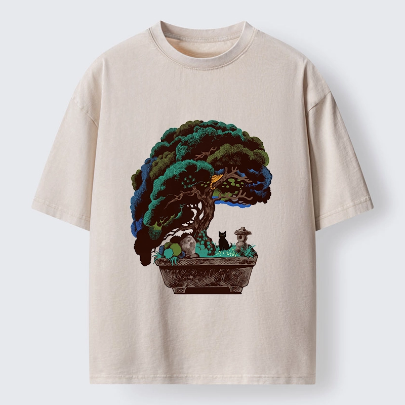 Tokyo-Tiger Black Cat Hiding In A Bonsai Pot Washed T-Shirt
