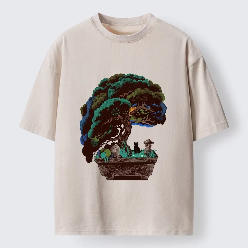 Tokyo-Tiger Black Cat Hiding In A Bonsai Pot Washed T-Shirt