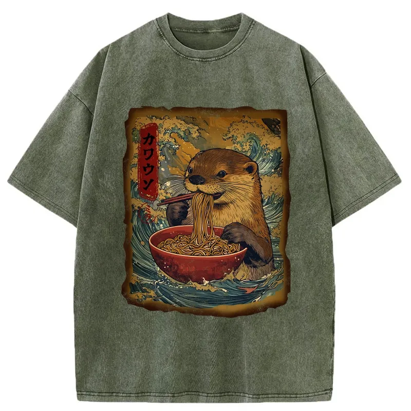 Tokyo-Tiger Otter Eats Ramen Washed T-Shirt