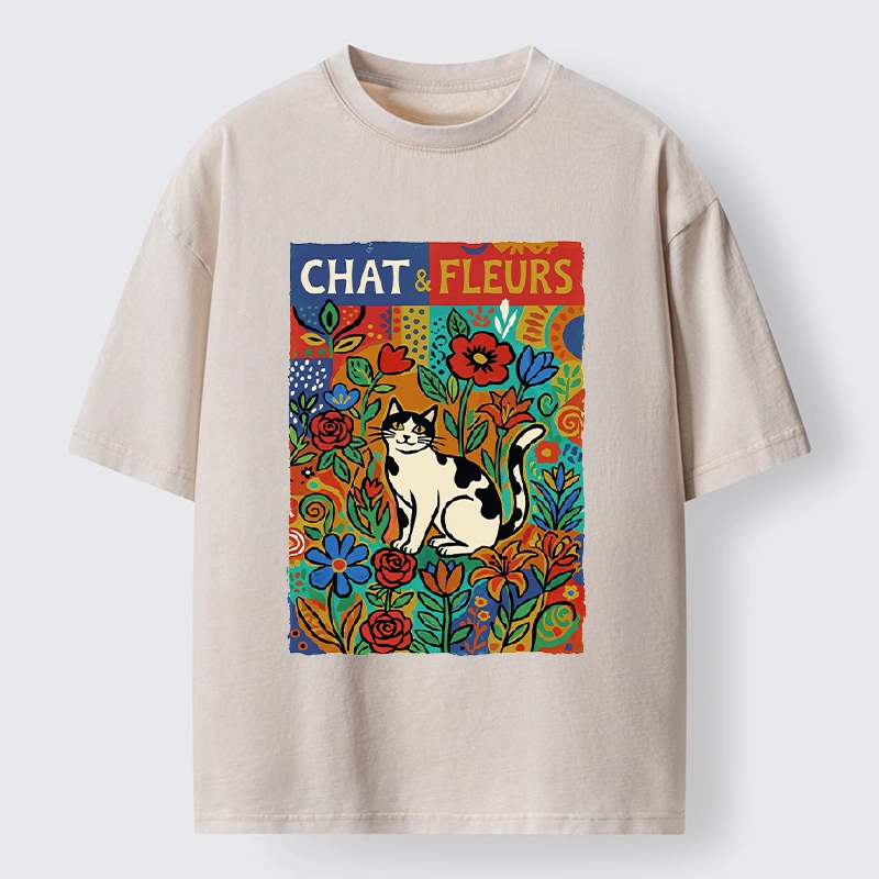 Tokyo-Tiger Colorful Cat And Floral Art Washed T-Shirt