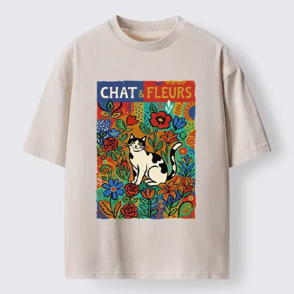 Tokyo-Tiger Colorful Cat And Floral Art Washed T-Shirt