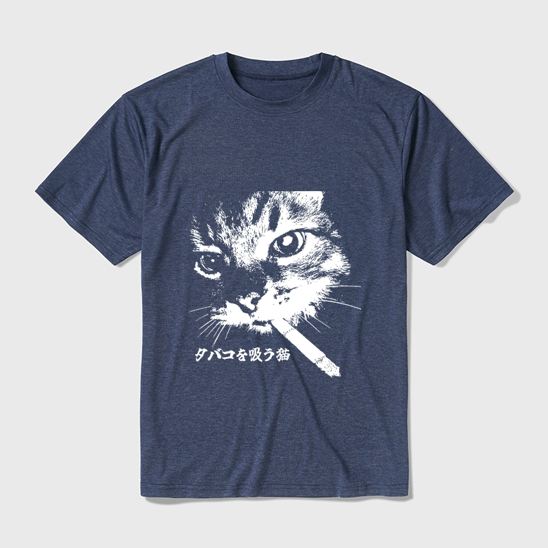 Tokyo-Tiger Retro Cat Smoking Cotton Blend T-Shirt