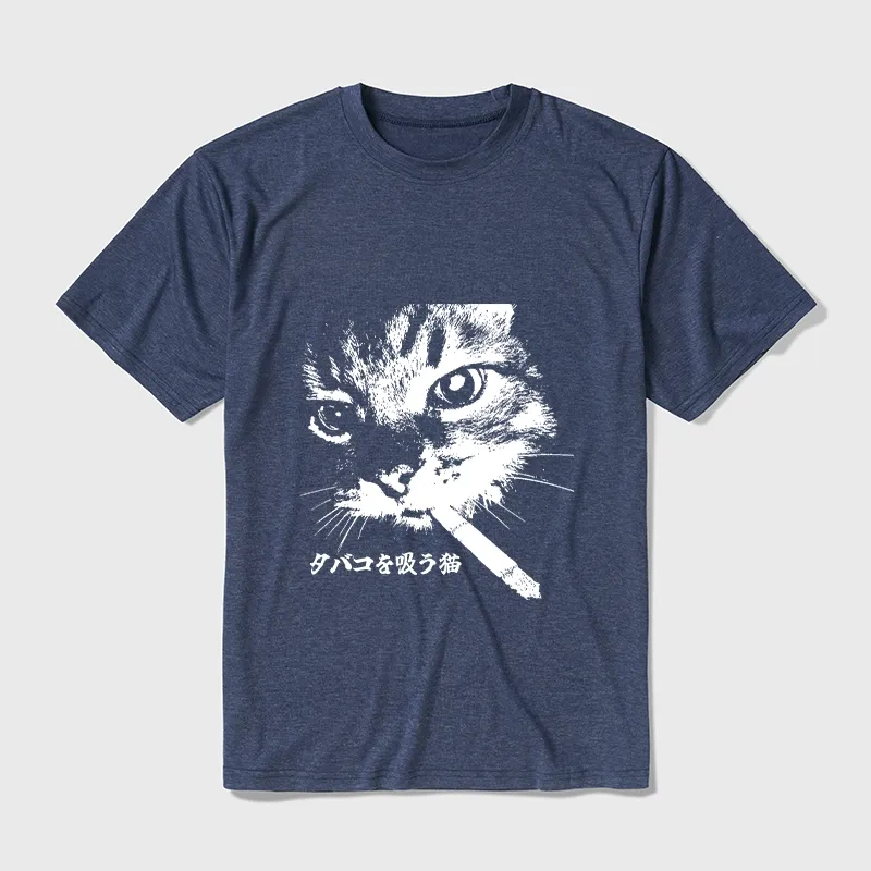 Tokyo-Tiger Retro Cat Smoking Cotton Blend T-Shirt