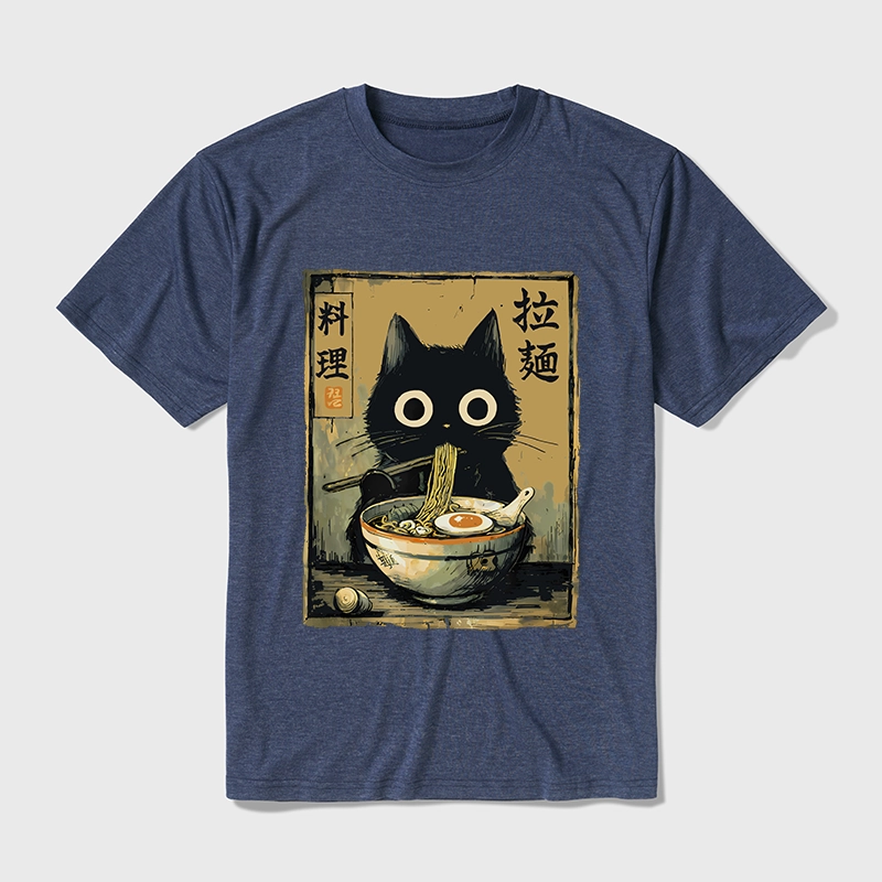 Tokyo-Tiger Cute Black Cat Eating Ramen Japan Cotton Blend T-Shirt
