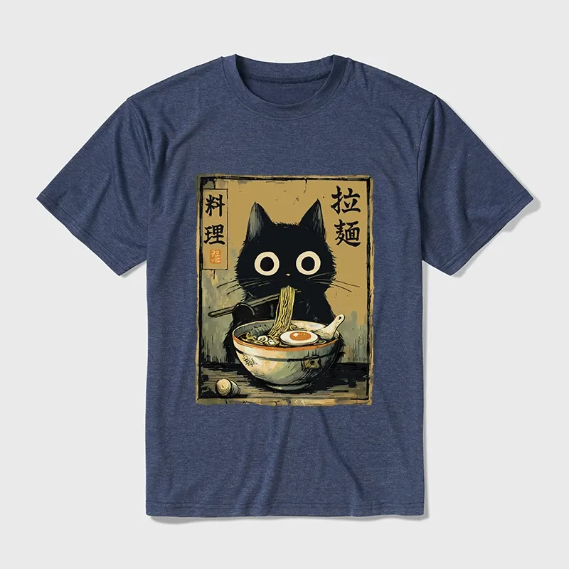 Tokyo-Tiger Cute Black Cat Eating Ramen Japan Cotton Blend T-Shirt
