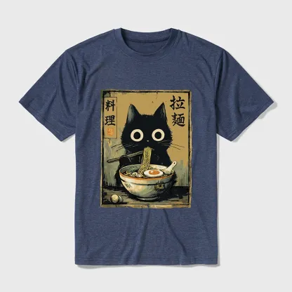 Tokyo-Tiger Cute Black Cat Eating Ramen Japan Cotton Blend T-Shirt