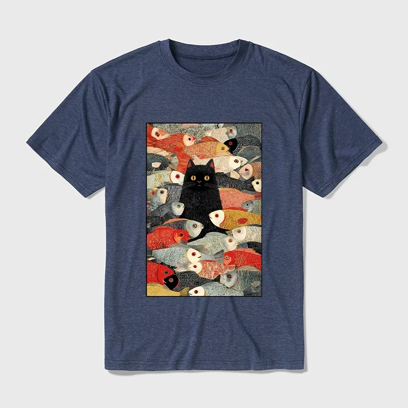 Tokyo-Tiger Cats And Fish Cotton Blend T-Shirt