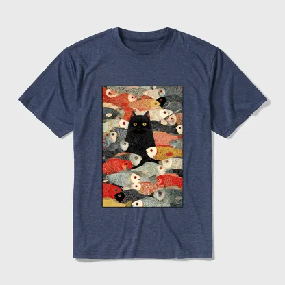Tokyo-Tiger Cats And Fish Cotton Blend T-Shirt