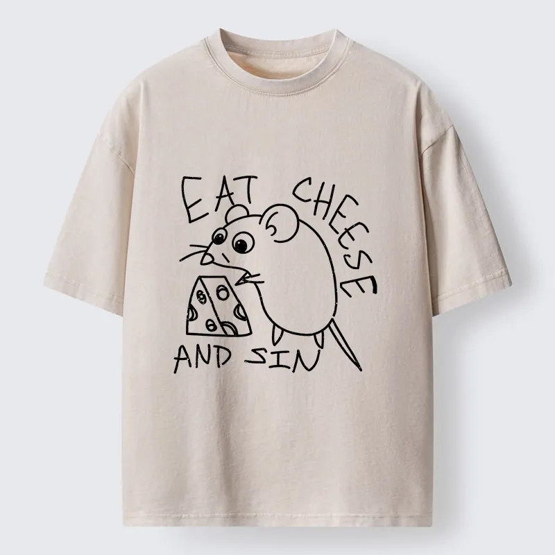 Tokyo-Tiger Cheese Obsessed Mouse Funny Art Washed T-Shirt