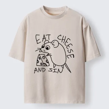 Tokyo-Tiger Cheese Obsessed Mouse Funny Art Washed T-Shirt
