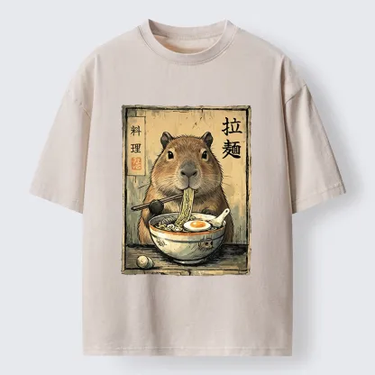 Tokyo-Tiger Capybara Enjoying A Bowl Of Ramen Washed T-Shirt