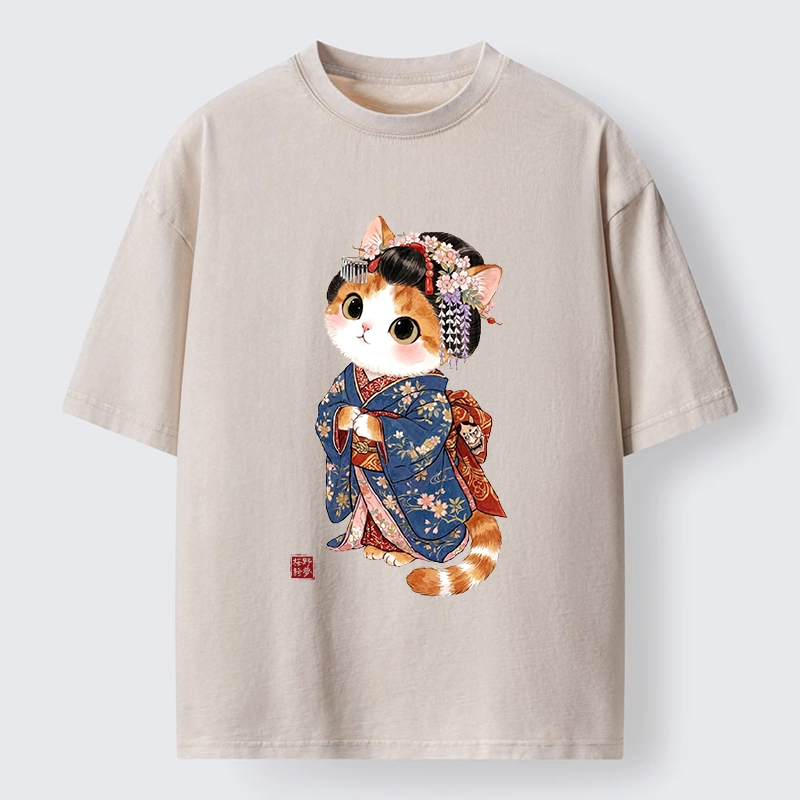 Tokyo-Tiger Cat Dressed As A Geisha Funny Washed T-Shirt