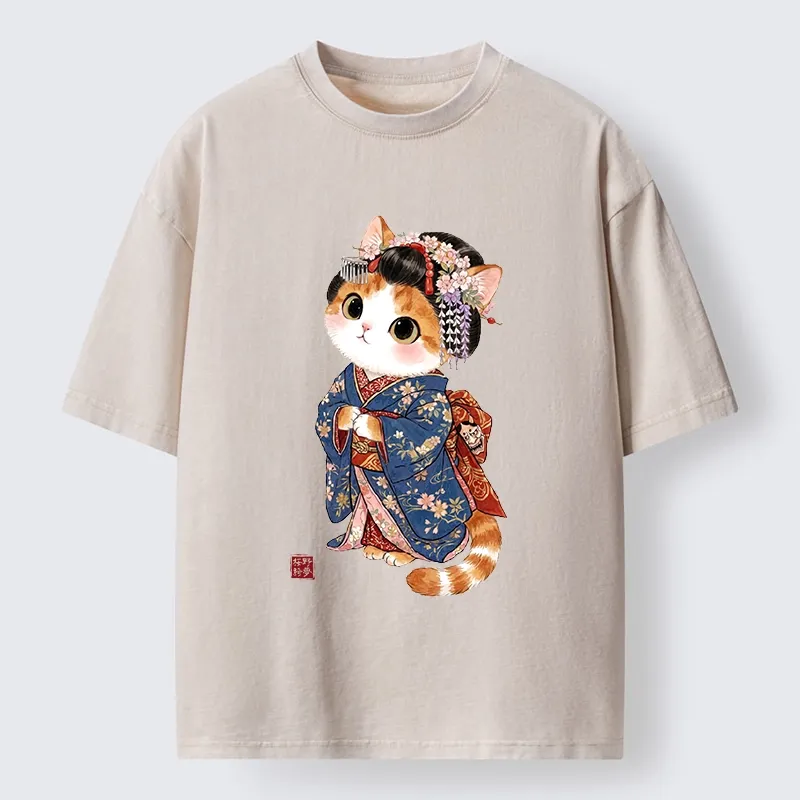 Tokyo-Tiger Cat Dressed As A Geisha Funny Washed T-Shirt Sale