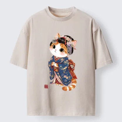 Tokyo-Tiger Cat Dressed As A Geisha Funny Washed T-Shirt