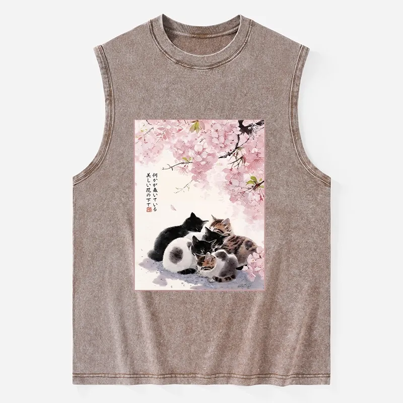 Tokyo-Tiger Cute Cats Sakura Garden Washed Tank