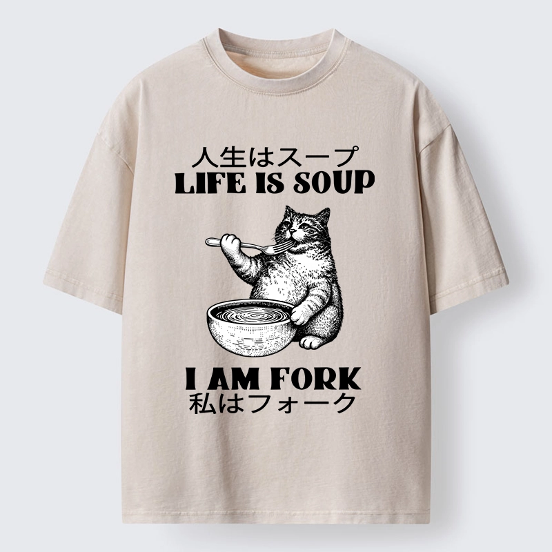 Tokyo-Tiger Cat Eating Soup With A Fork Washed T-Shirt