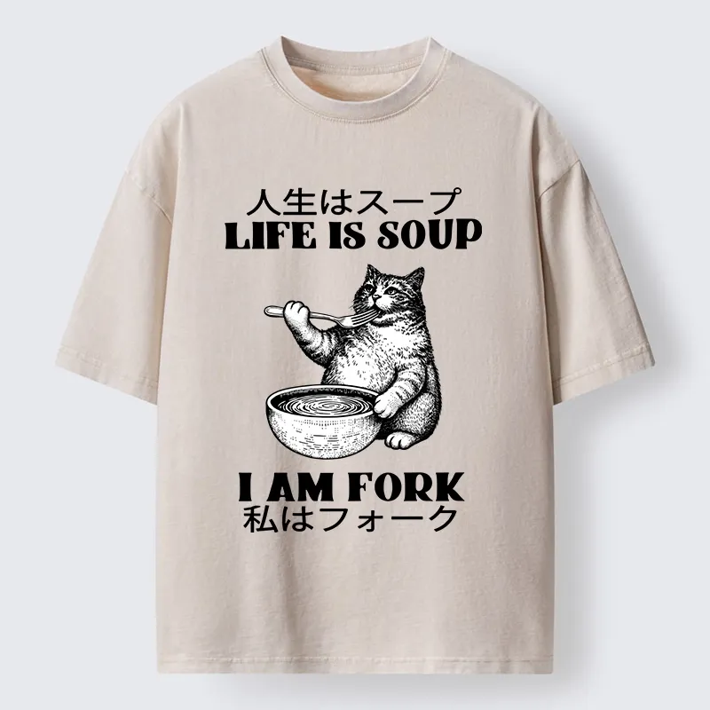 Tokyo-Tiger Cat Eating Soup With A Fork Washed T-Shirt Sale