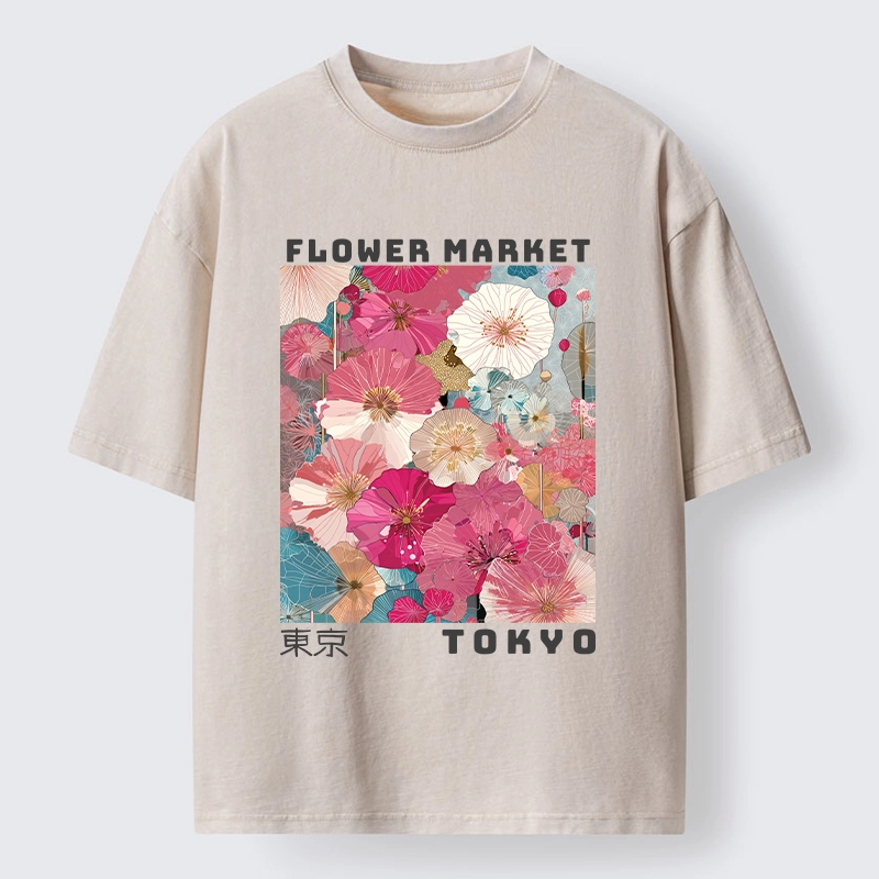 Tokyo-Tiger Market Colorful Floral Art Washed T-Shirt
