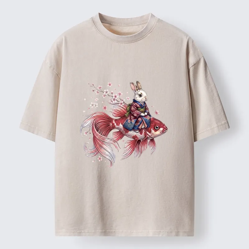 Tokyo-Tiger Japanese Style Rabbit And Koi Fish Washed T-Shirt