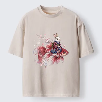 Tokyo-Tiger Japanese Style Rabbit And Koi Fish Washed T-Shirt