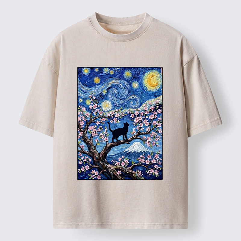 Tokyo-Tiger Van Gogh Style Cat With Mount Fuji Washed T-Shirt