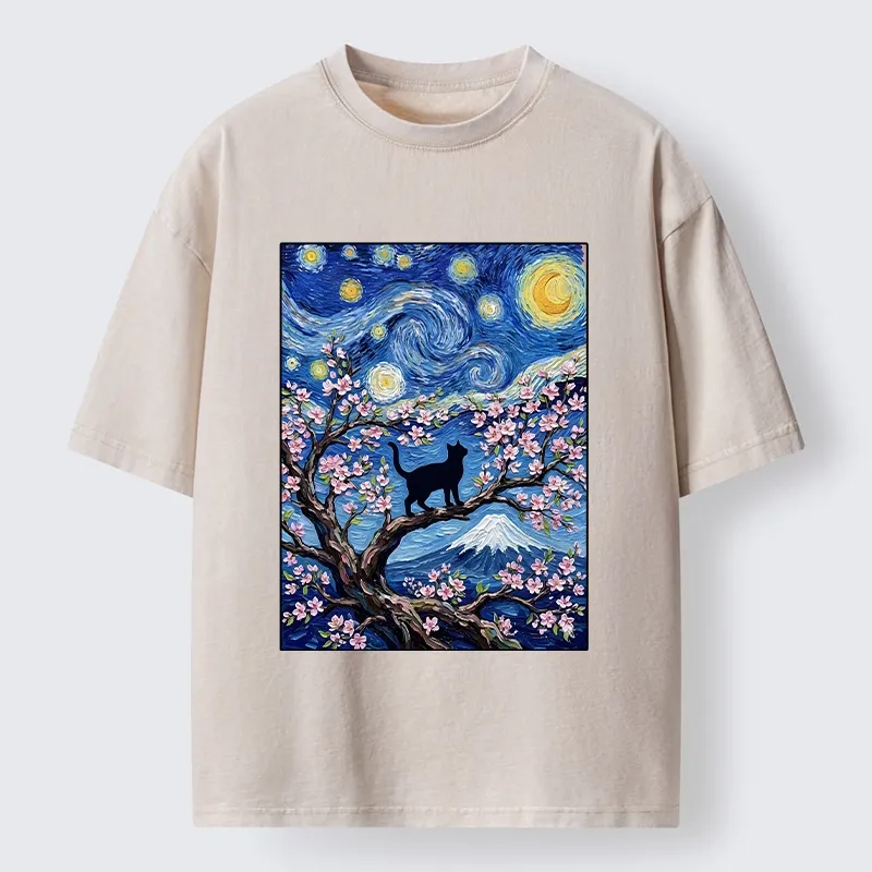 Tokyo-Tiger Van Gogh Style Cat With Mount Fuji Washed T-Shirt Sale