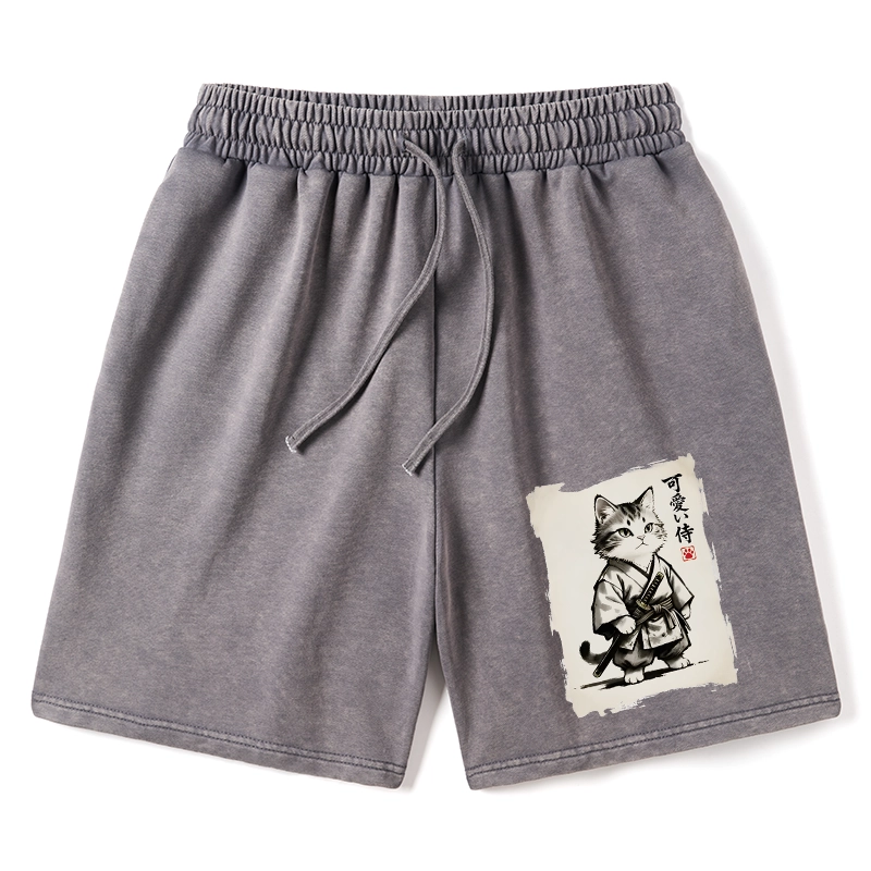 Tokyo-Tiger Japanese Samurai Cat Illustration Washed Shorts