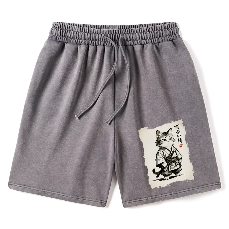 Tokyo-Tiger Japanese Samurai Cat Illustration Washed Shorts