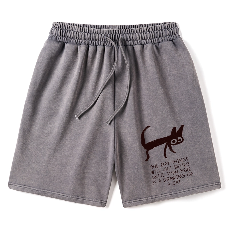 Tokyo-Tiger Cat Cheer Up Drawing Washed Shorts