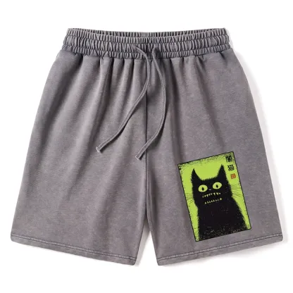 Tokyo-Tiger Spooky Black Cat Japanese Washed Shorts