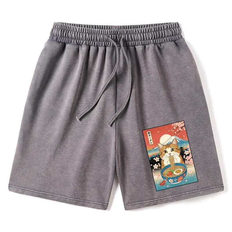 Tokyo-Tiger Funny Orange Cat Eating Ramen Japan Washed Shorts