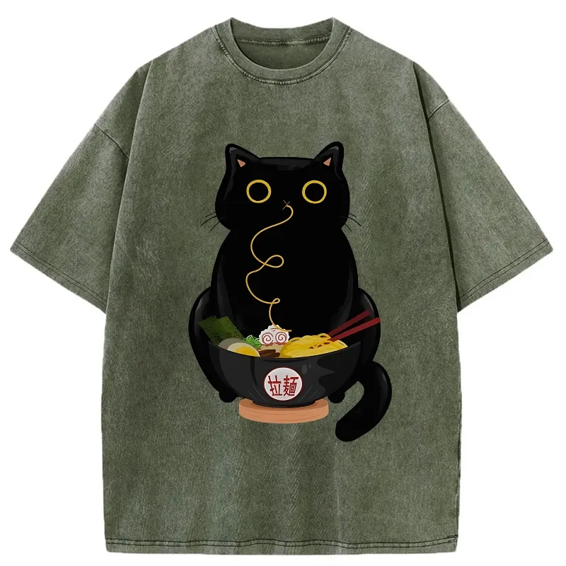 Tokyo-Tiger Ramen-Loving Cat Washed T-Shirt
