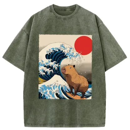 Tokyo-Tiger Funny Capybara Surfing Washed T-Shirt