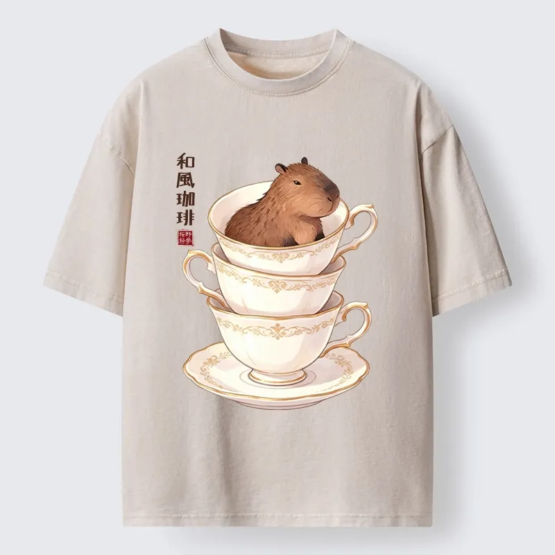 Tokyo-Tiger Japanese Coffee Capybara In A Teacup Washed T-Shirt
